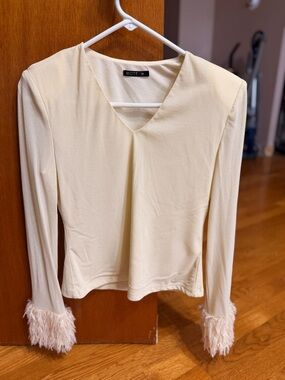 MOTF Cream Long Sleeve V-Neck Top with Feather Cuffs